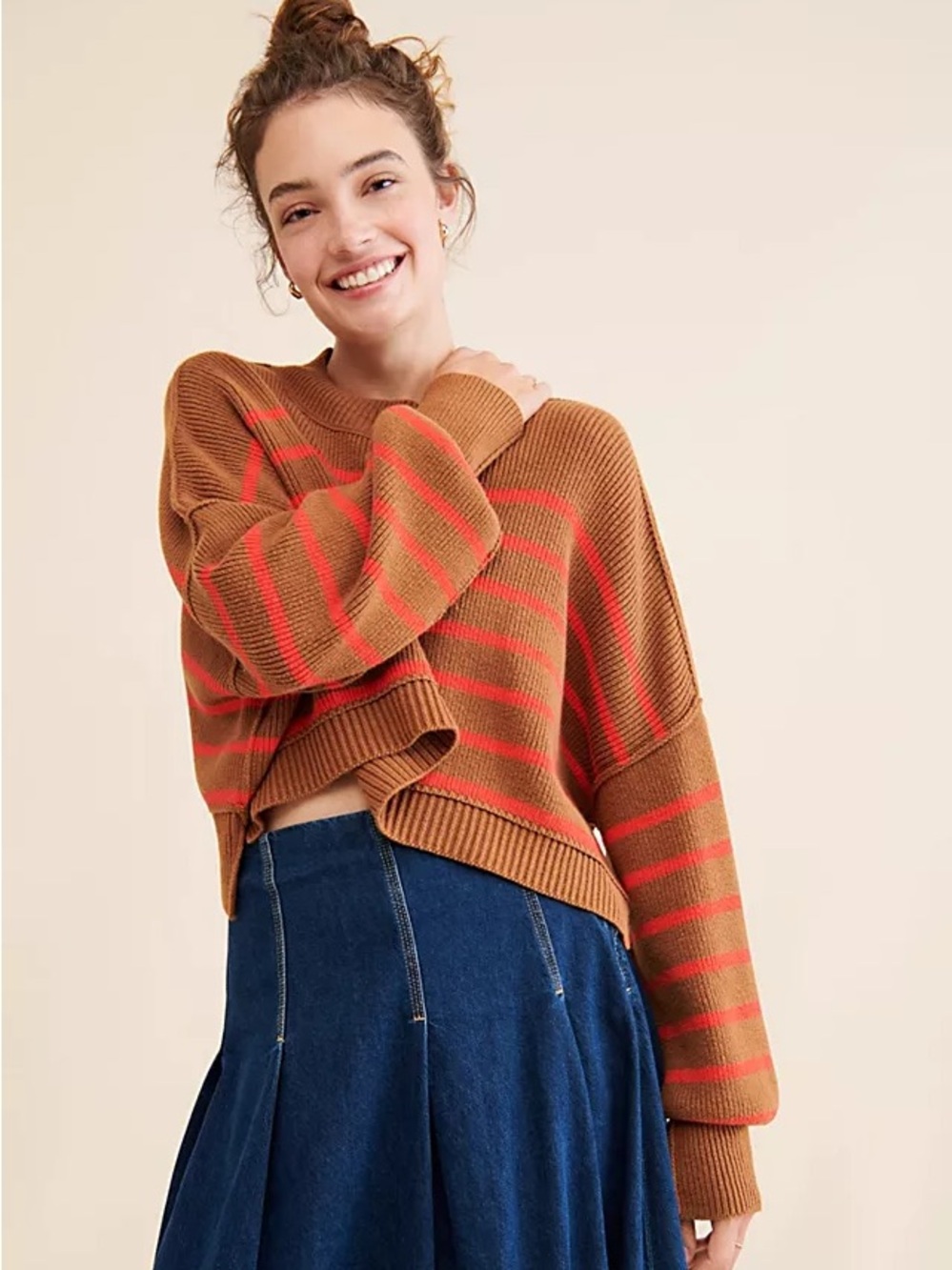 Free People Easy Street Cropped Sweater Size M Oversized Relaxed Fit Striped